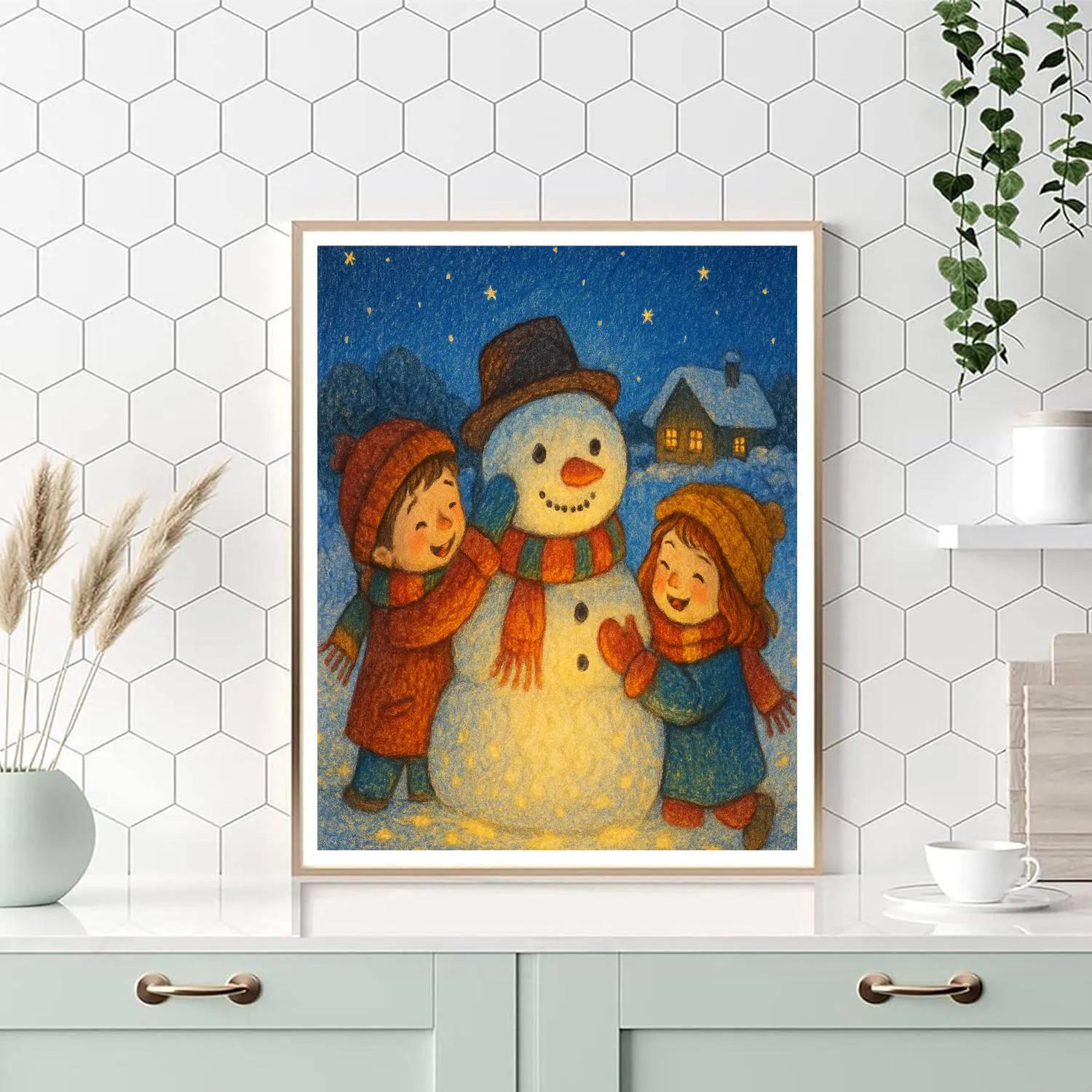Children Building A Starlight Snowman Number painting