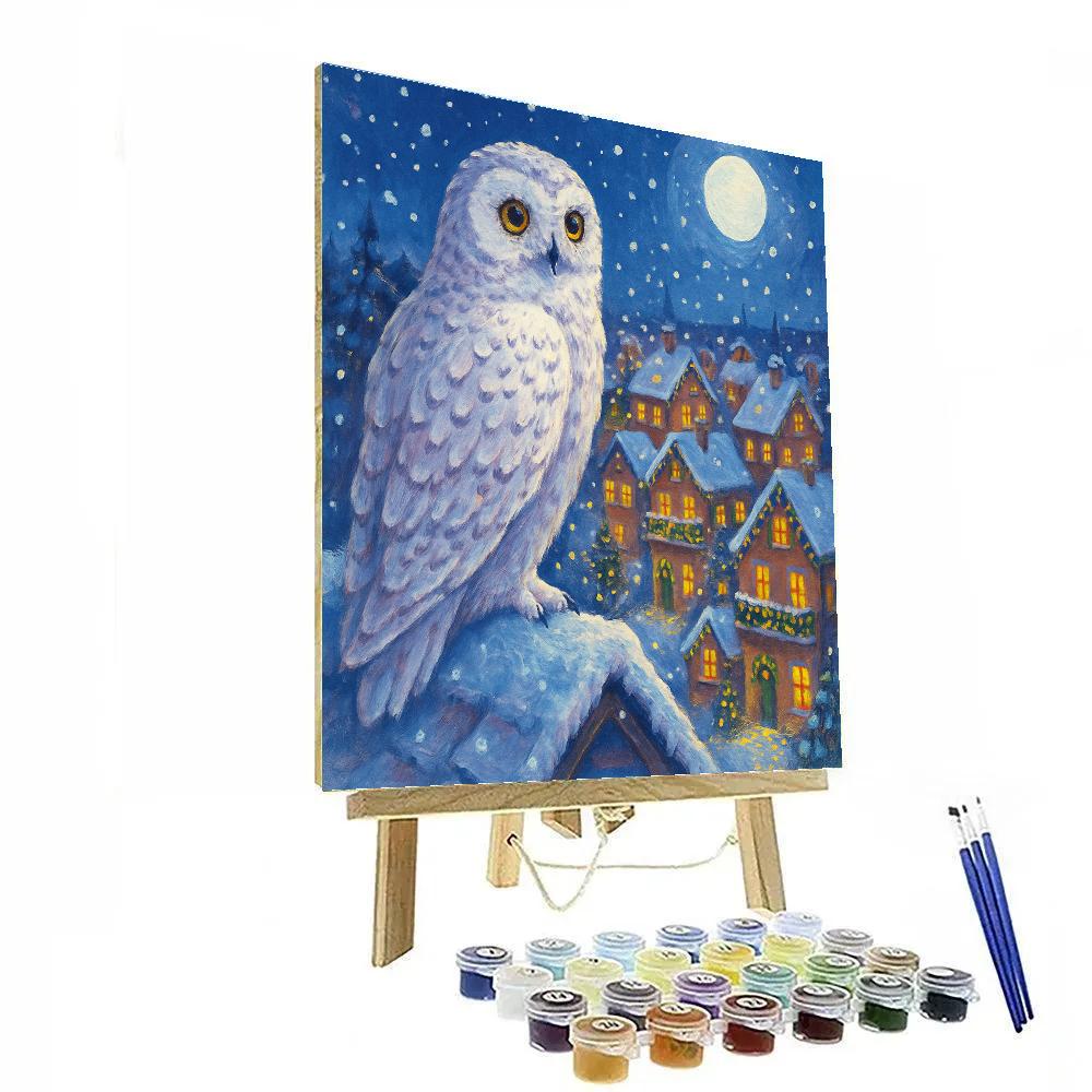 Snowy Owl Watching Over Winter Town Paint by numbers art