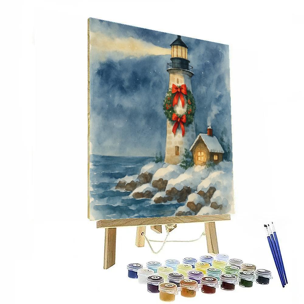 Snow Covered Lighthouse With Holiday Wreath paint by number