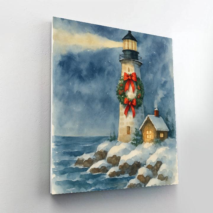Snow Covered Lighthouse With Holiday Wreath paint by number