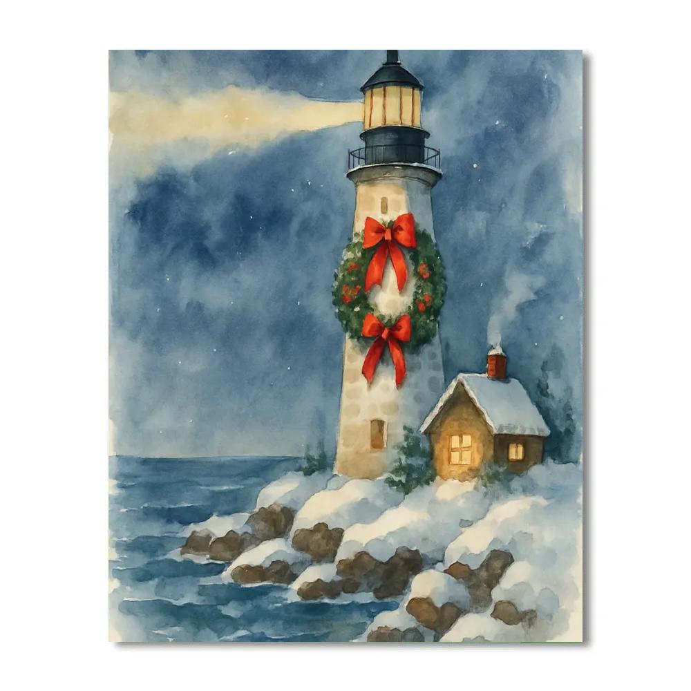 Snow Covered Lighthouse With Holiday Wreath paint by number