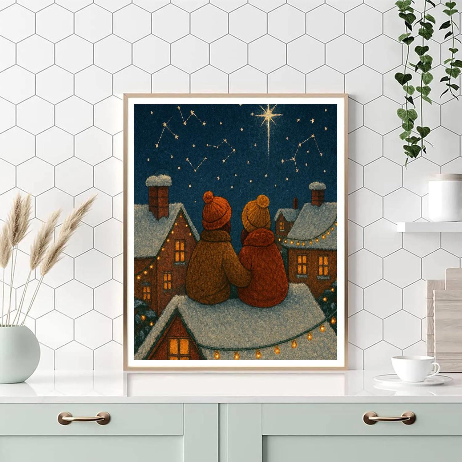 Christmas Eve Rooftop Star Watchers painting number kit