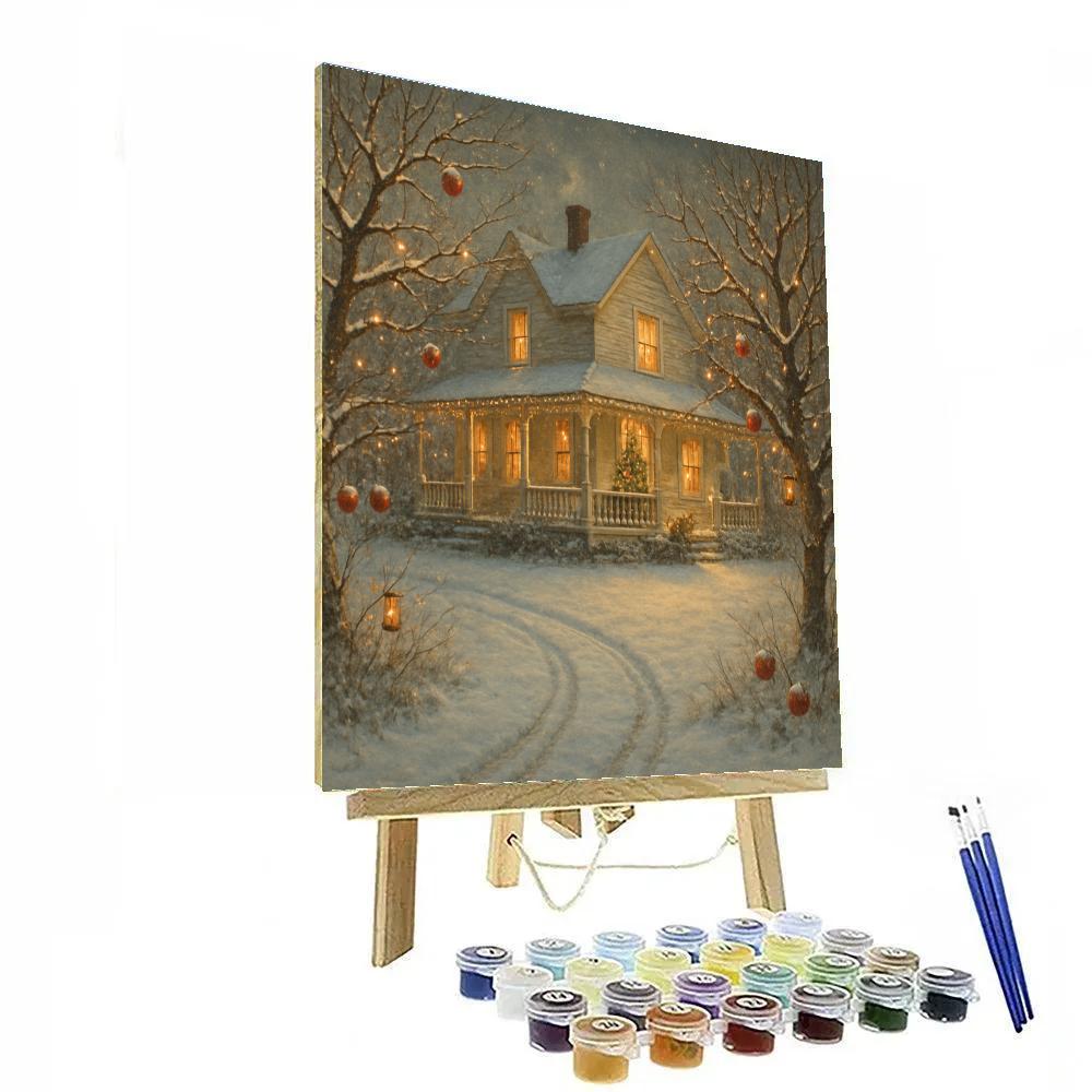 Snowy Farmhouse With Holiday Orchard Paint by numbers art