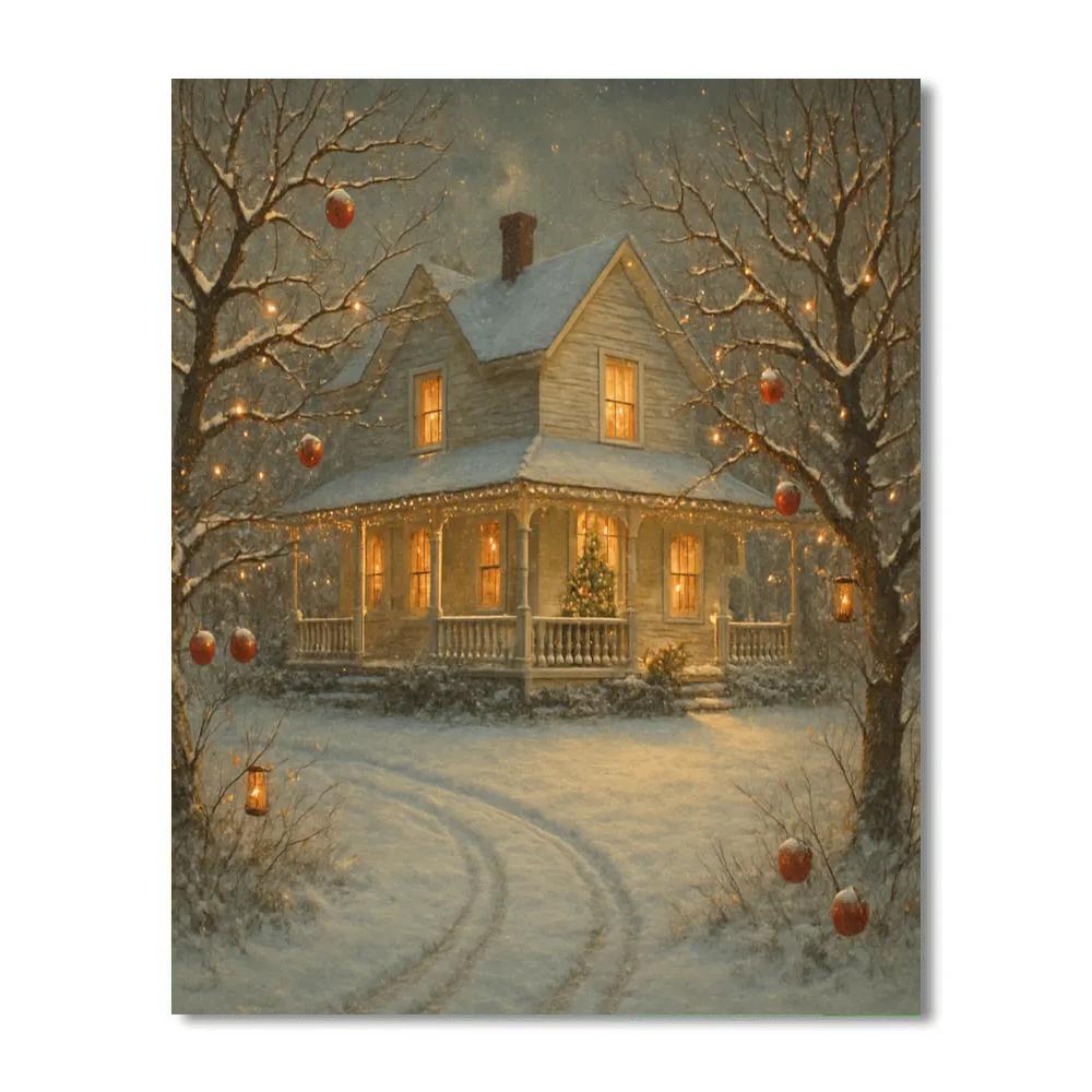 Snowy Farmhouse With Holiday Orchard Paint by numbers art