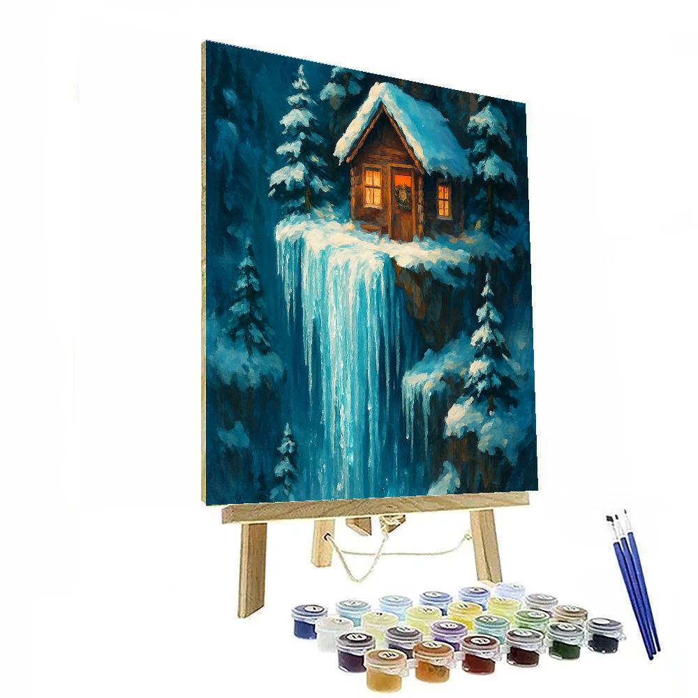 Christmas Cabin On Frozen Waterfall paint by number