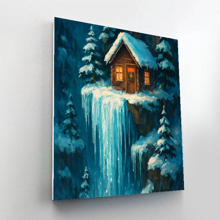 Christmas Cabin On Frozen Waterfall paint by number