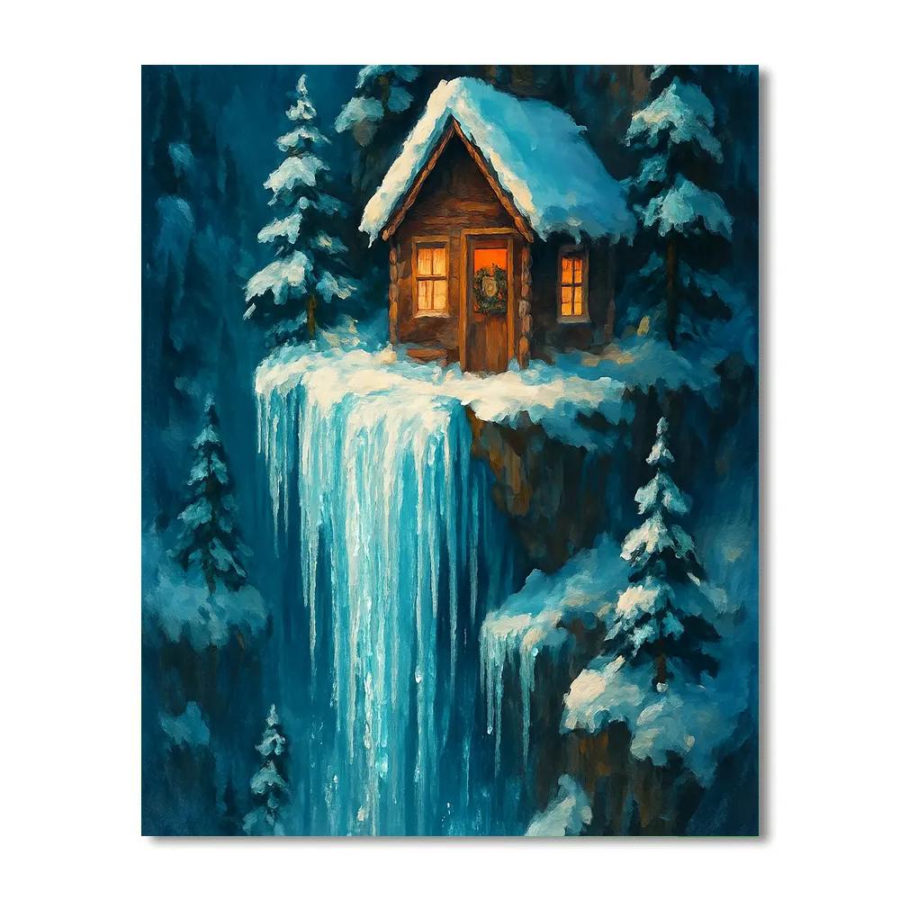 Christmas Cabin On Frozen Waterfall paint by number