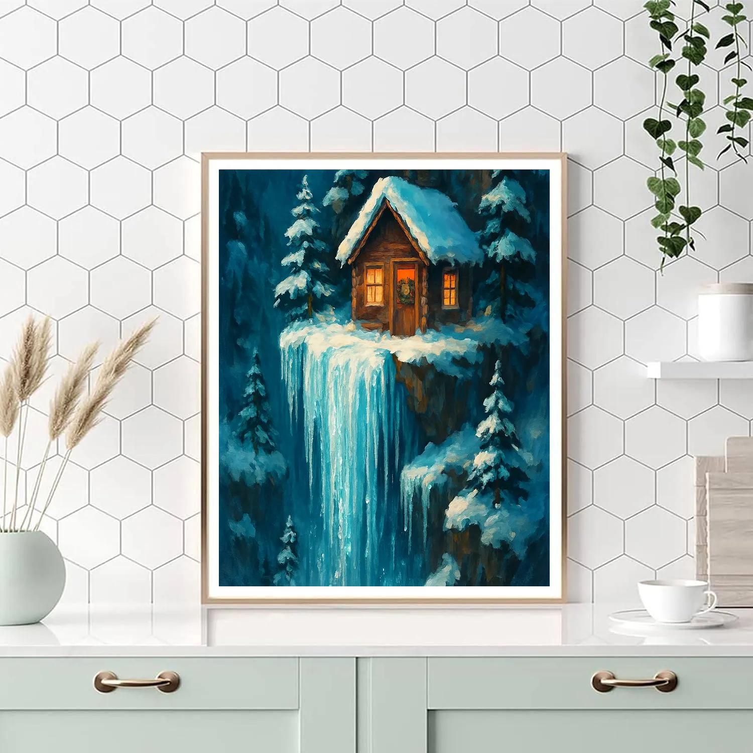 Christmas Cabin On Frozen Waterfall paint by number
