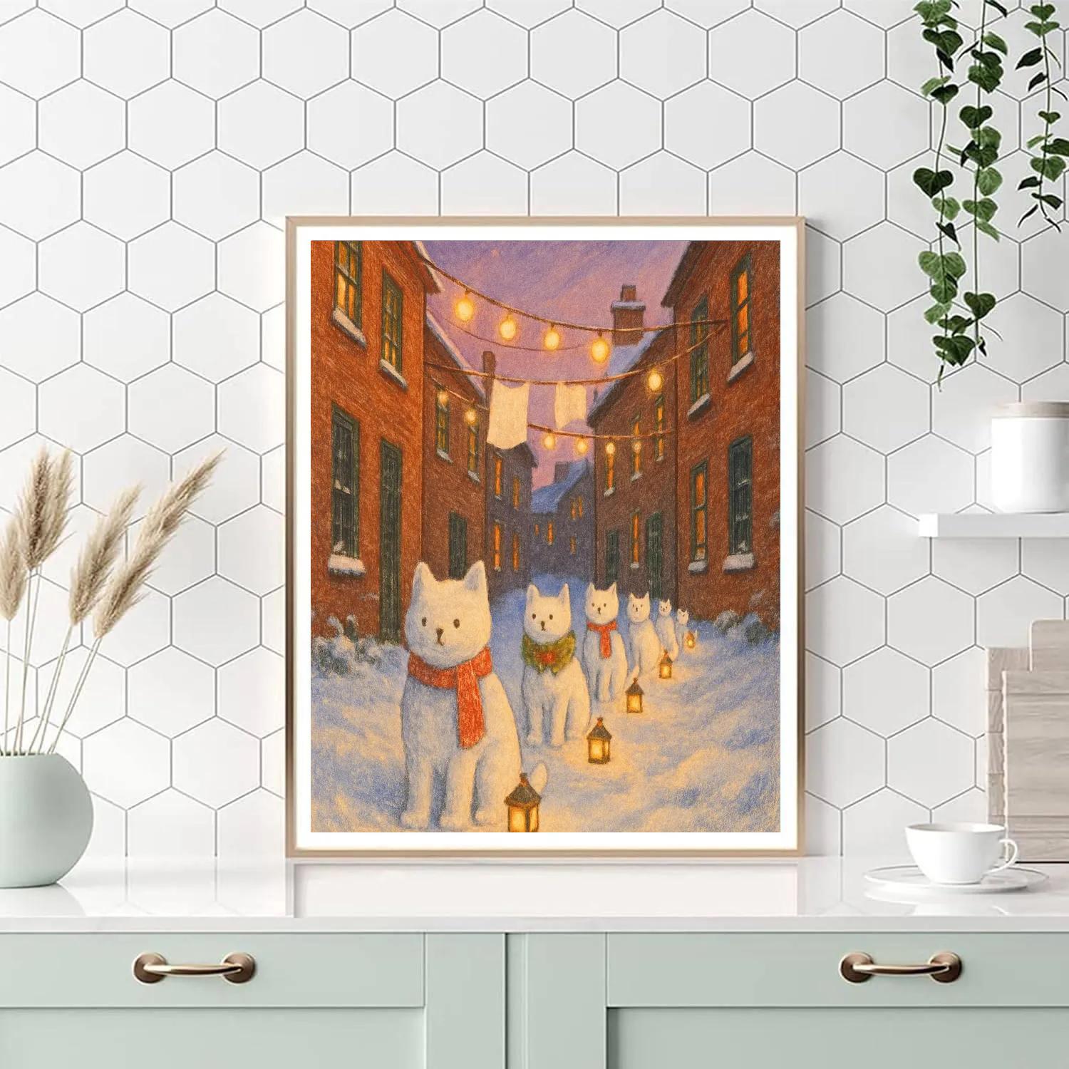 Snow Cat Parade In Winter Alley Numbered painting kits