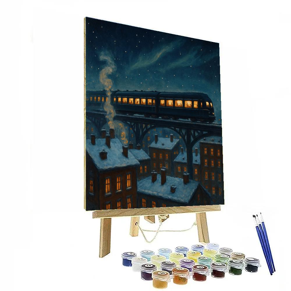 Holiday Night Train Above City Rooftops Numbered painting kits