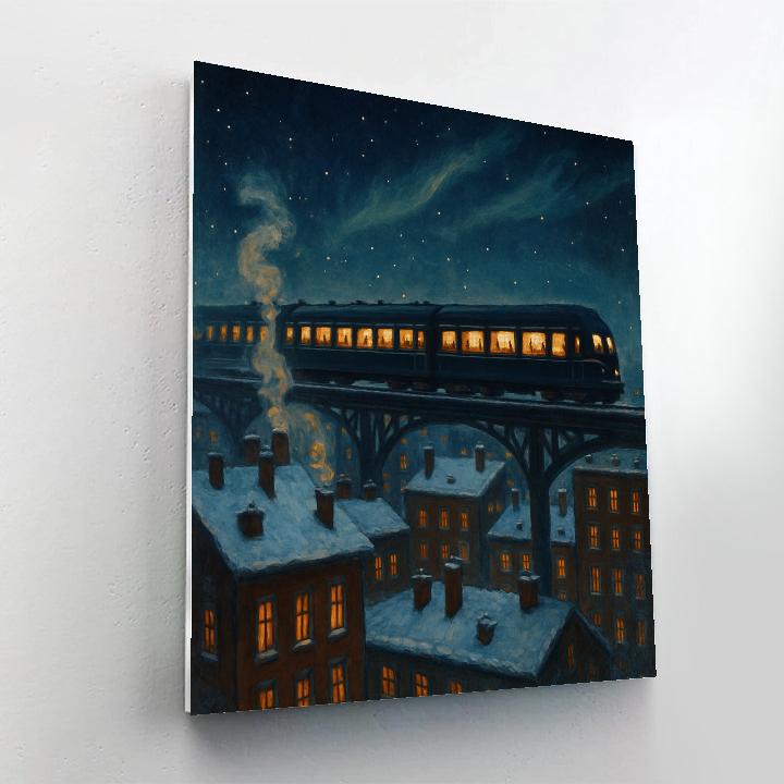 Holiday Night Train Above City Rooftops Numbered painting kits