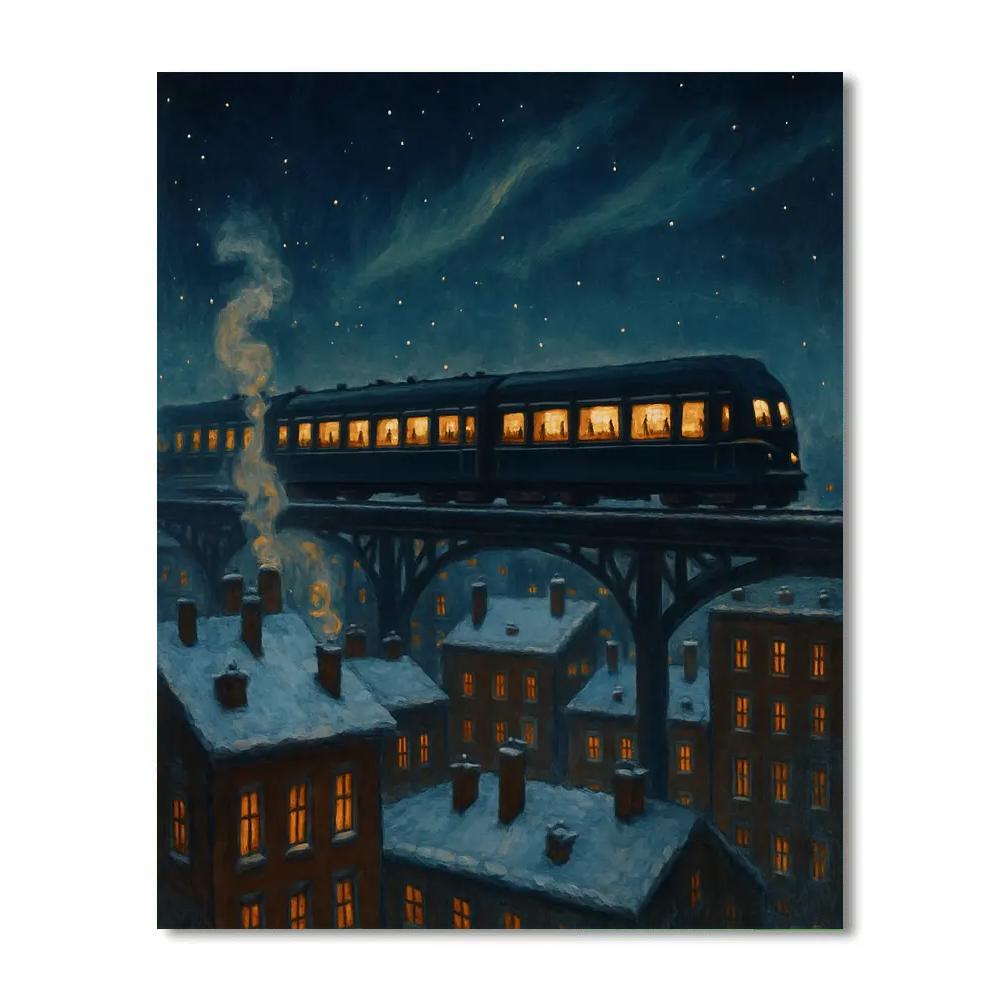 Holiday Night Train Above City Rooftops Numbered painting kits