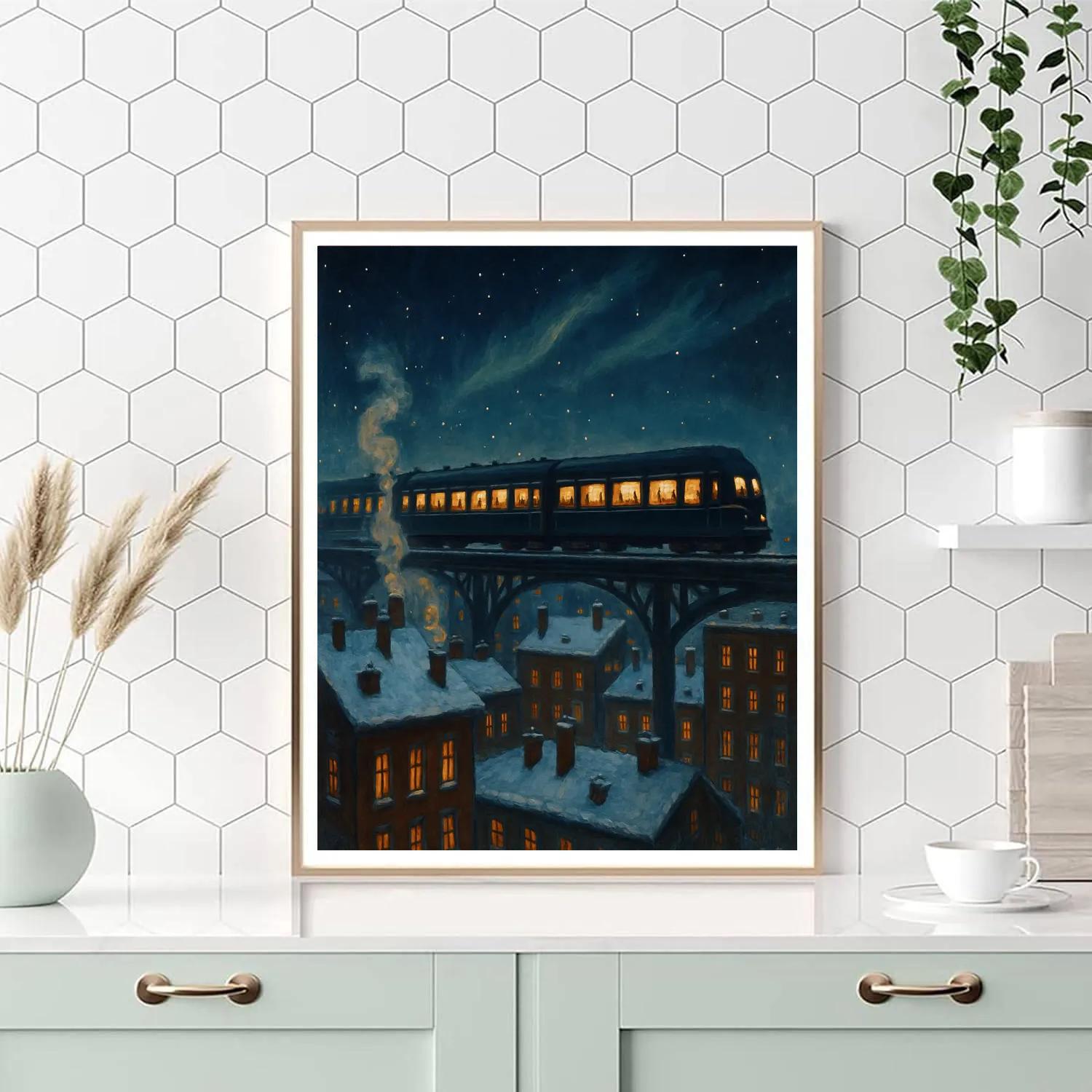 Holiday Night Train Above City Rooftops Numbered painting kits