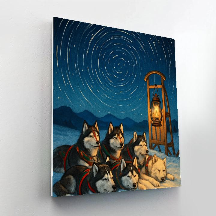 Christmas Sled Dogs Under Star Trail Sky Paint by numbers art
