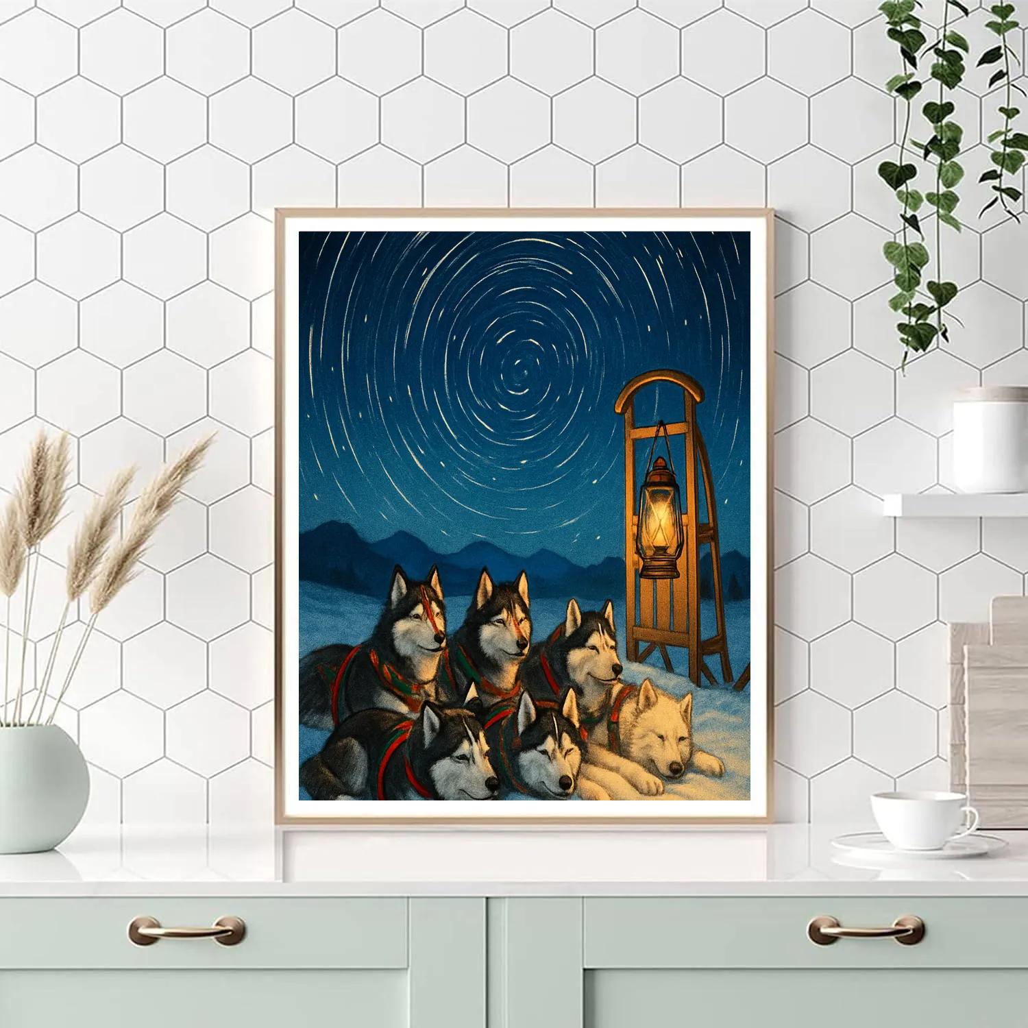Christmas Sled Dogs Under Star Trail Sky Paint by numbers art