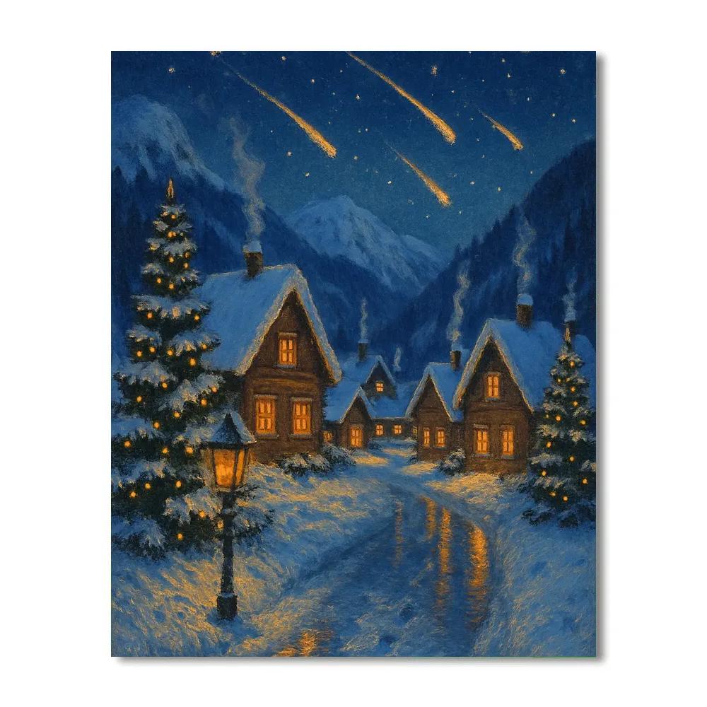 Christmas Meteors Over Snowy Village paint by color