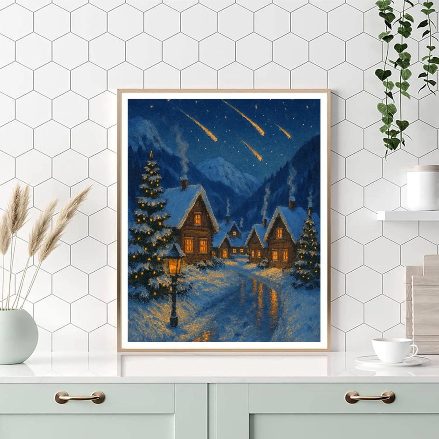 Christmas Meteors Over Snowy Village paint by color
