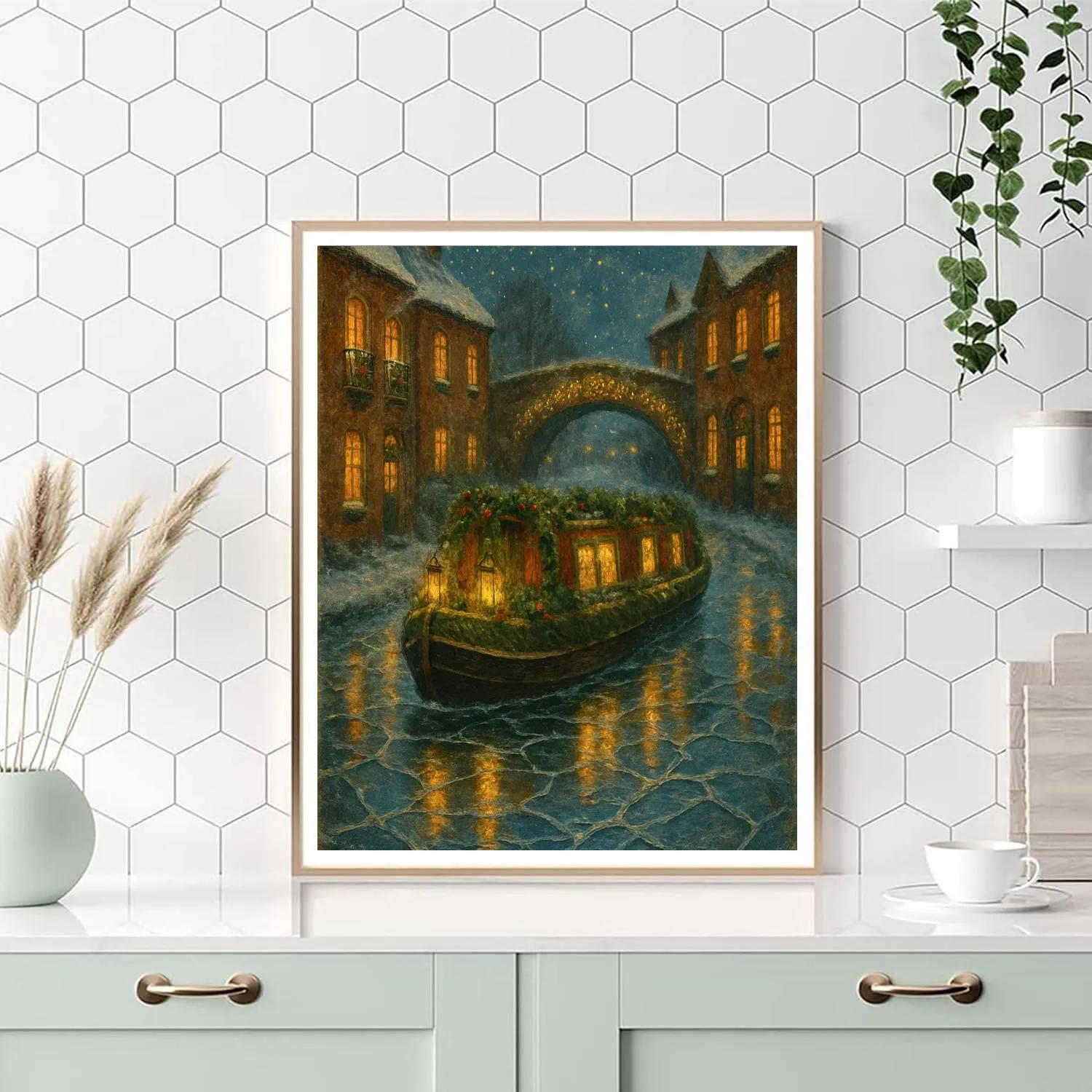 Starlit Christmas Canal Boat paint by number