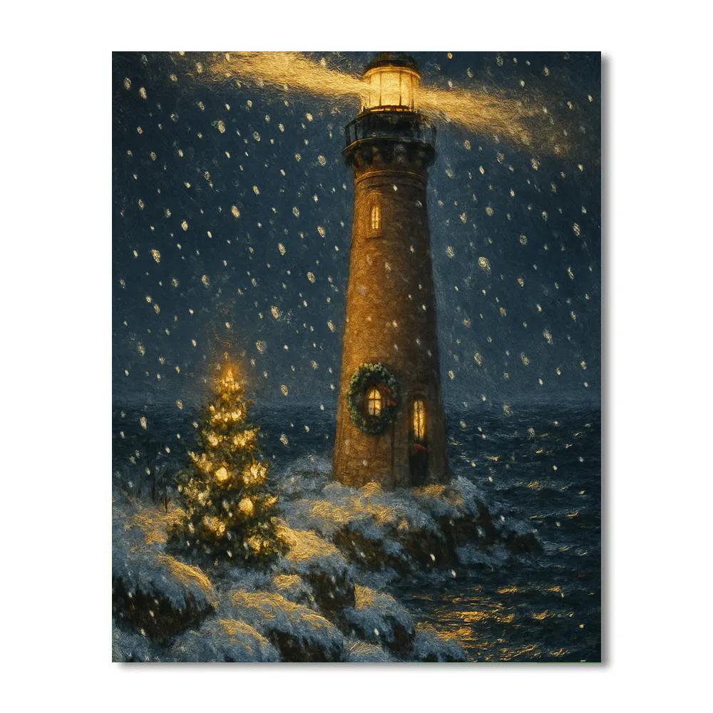 Christmas Lighthouse In Snowstorm Glow Numbered painting kits