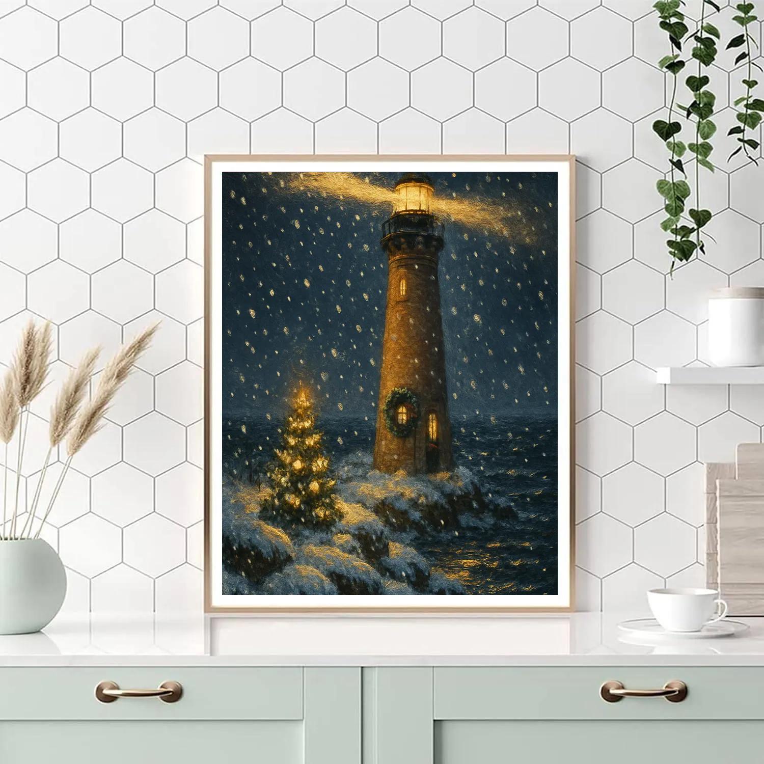 Christmas Lighthouse In Snowstorm Glow Numbered painting kits