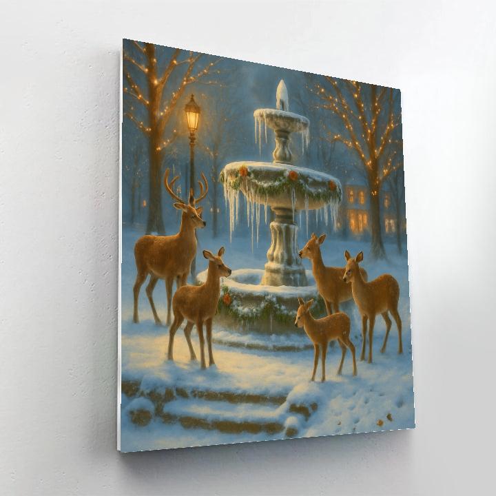 Christmas Deer At The Frozen Fountain paint by numbers
