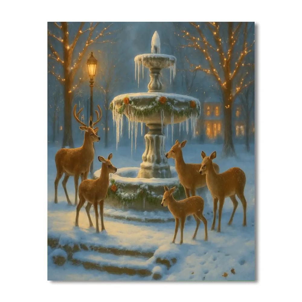 Christmas Deer At The Frozen Fountain paint by numbers