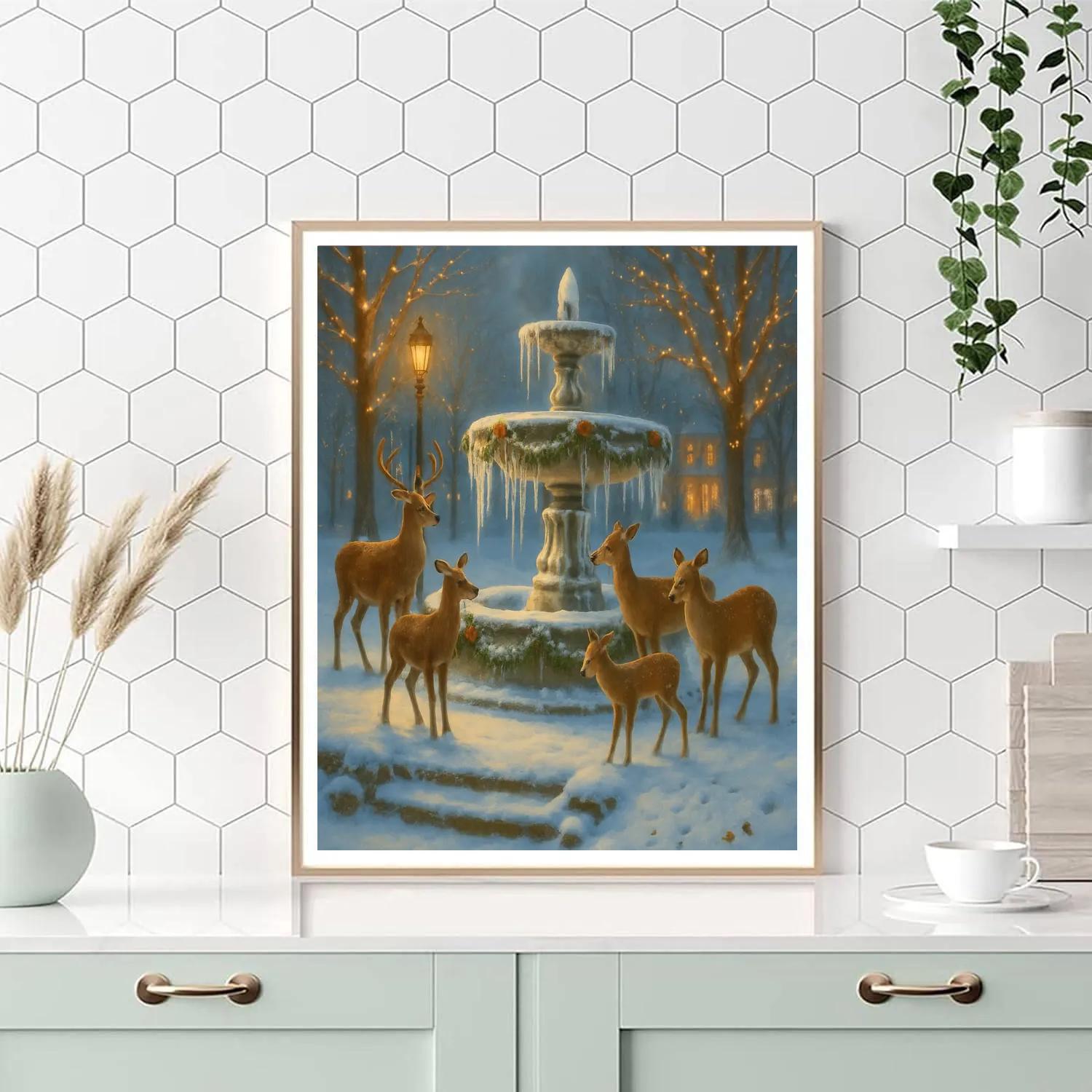 Christmas Deer At The Frozen Fountain paint by numbers