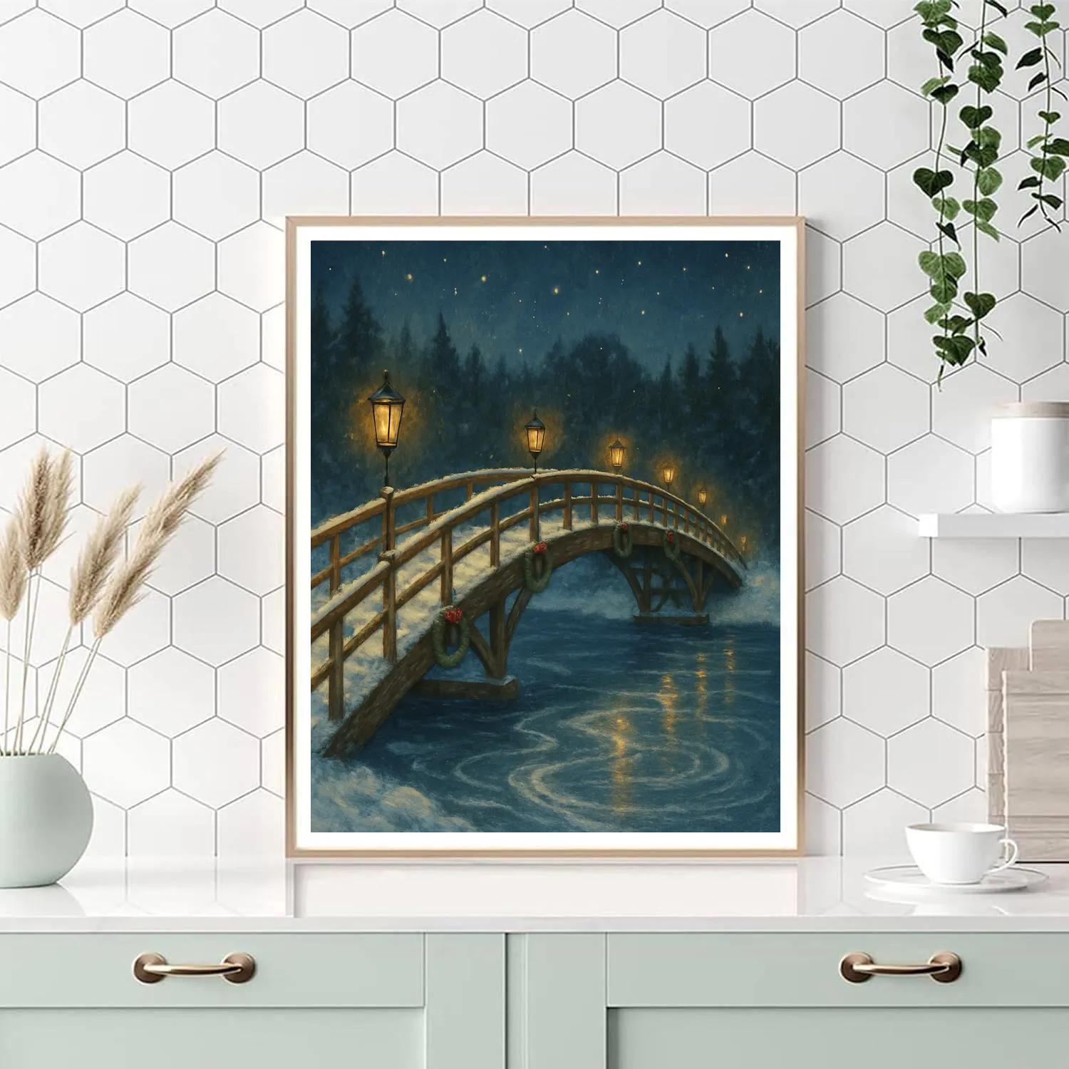 Christmas Lantern Bridge Over Frozen River painting number kit