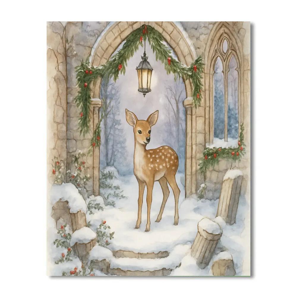 Christmas Fawn In The Snowy Chapel Ruins DIY paint by numbers