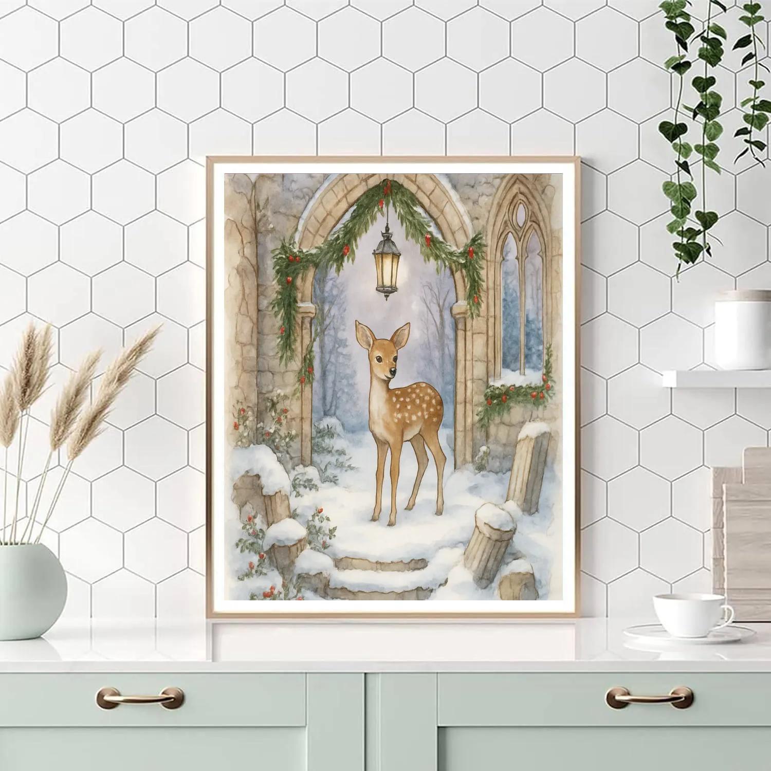 Christmas Fawn In The Snowy Chapel Ruins DIY paint by numbers