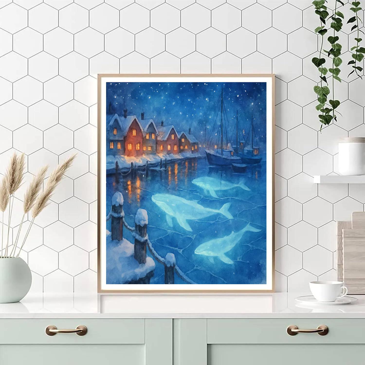 Christmas Whales Beneath Frozen Harbor Paint by numbers art