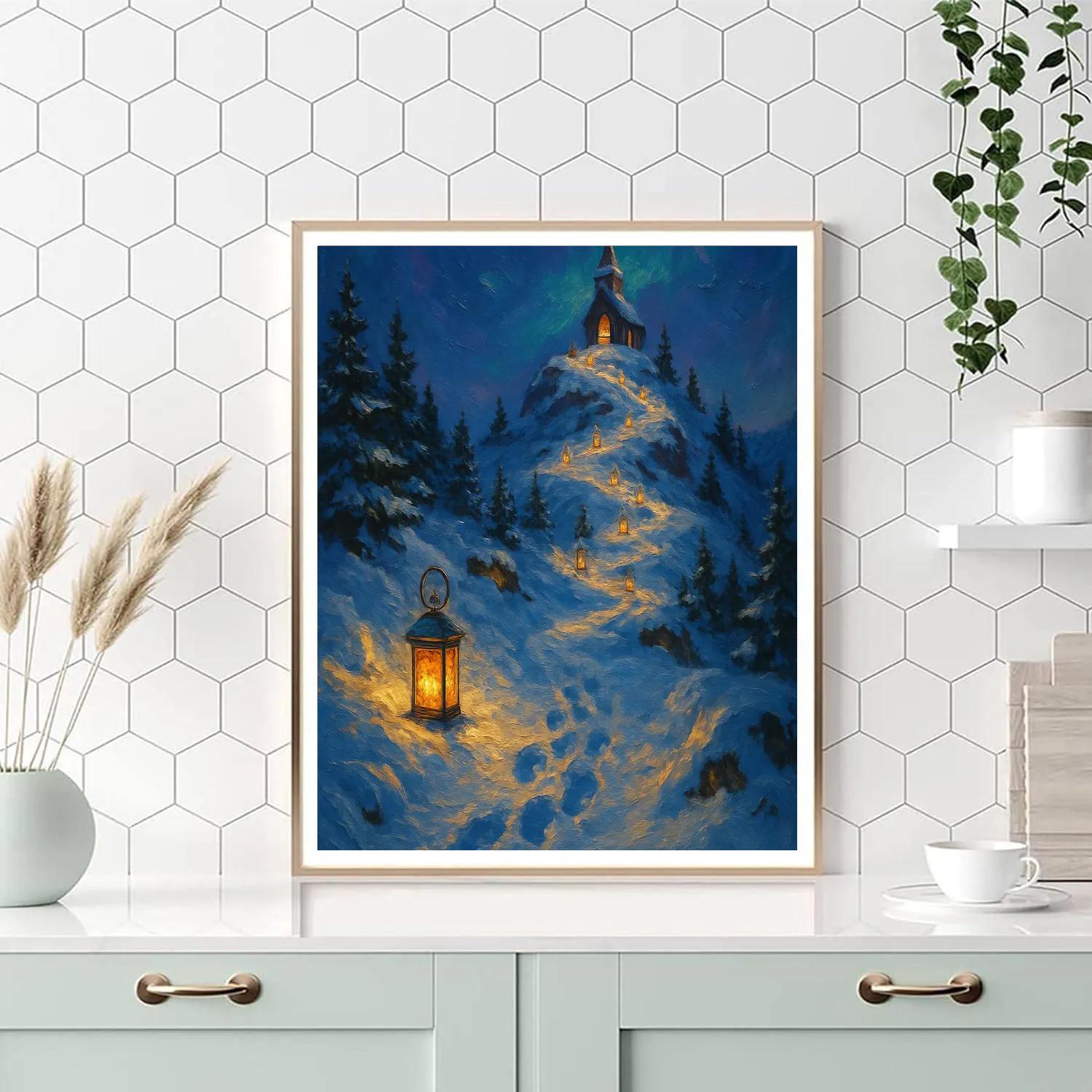 Christmas Lantern Trail To The Mountain Chapel Number painting