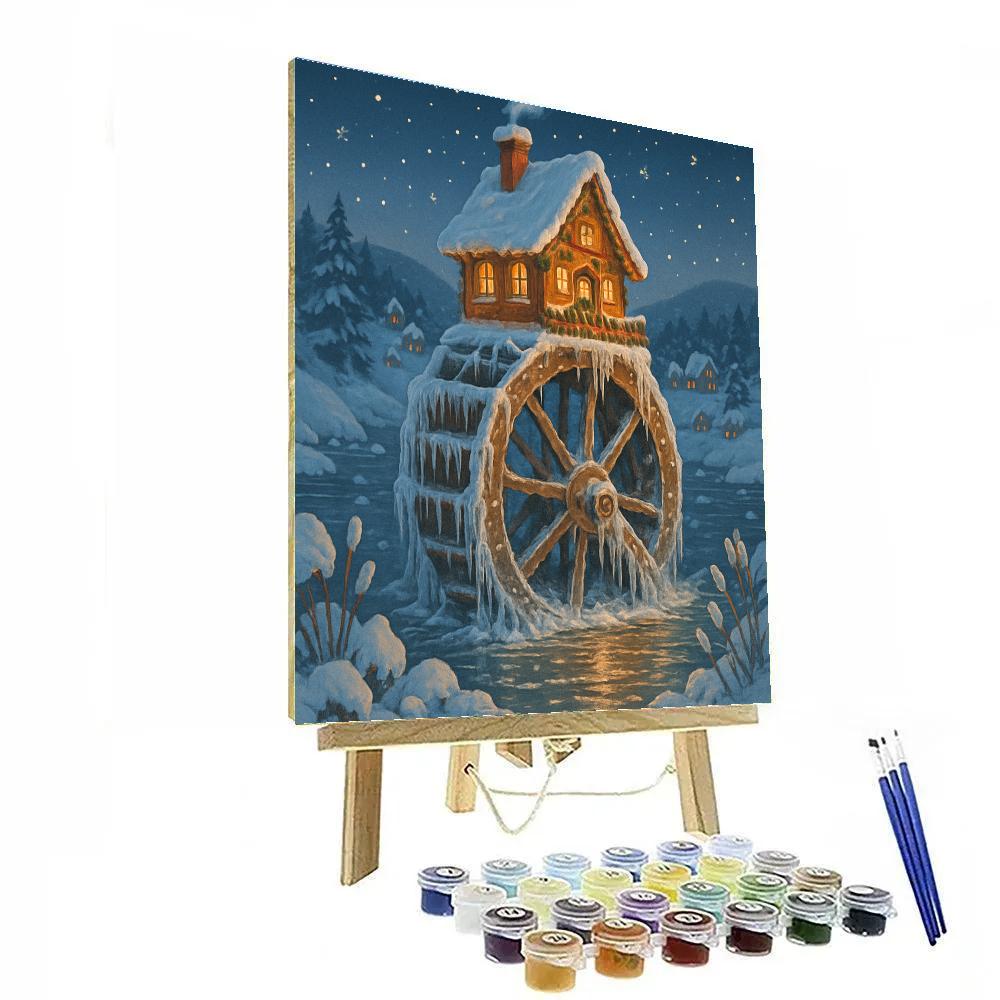 Christmas Cottage On The Frozen Waterwheel Paint by numbers kits