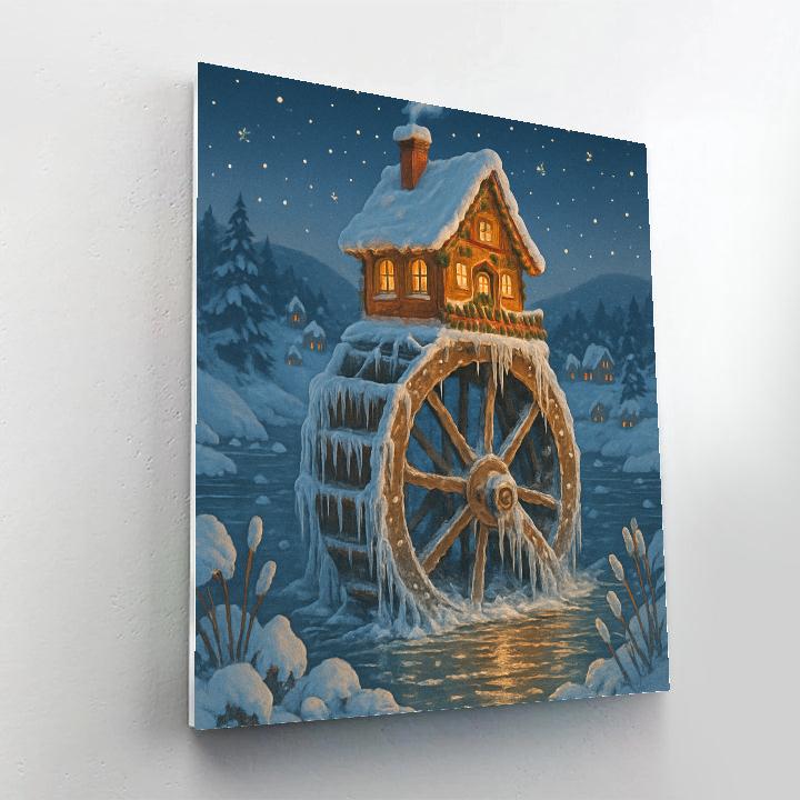 Christmas Cottage On The Frozen Waterwheel Paint by numbers kits