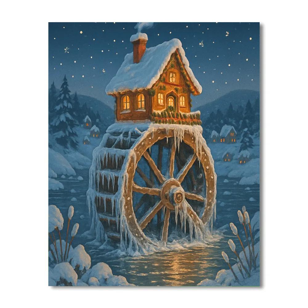 Christmas Cottage On The Frozen Waterwheel Paint by numbers kits