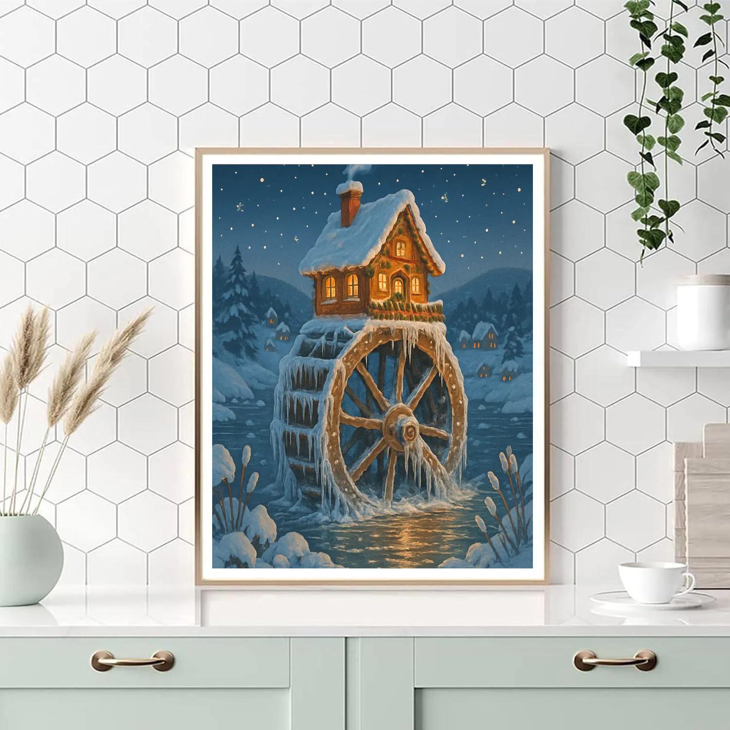 Christmas Cottage On The Frozen Waterwheel Paint by numbers kits