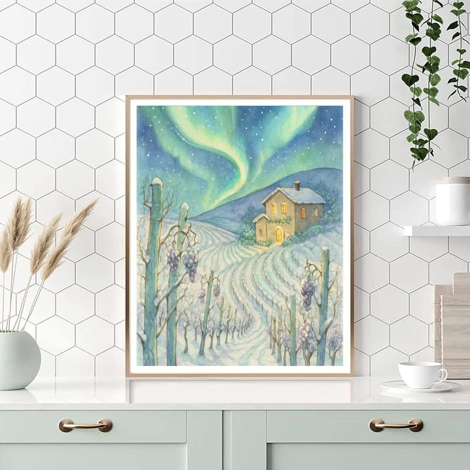 Christmas Aurora Above Snowy Vineyard Numbered painting kits