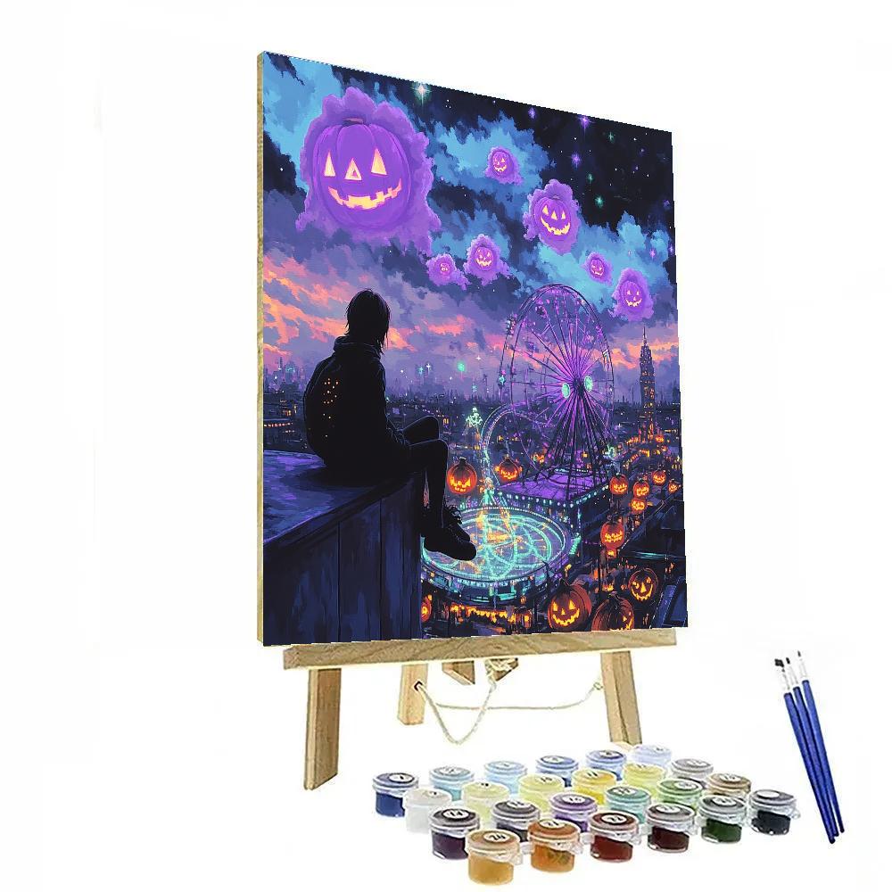 Neon Haunted Carnival Skyline painting number kit