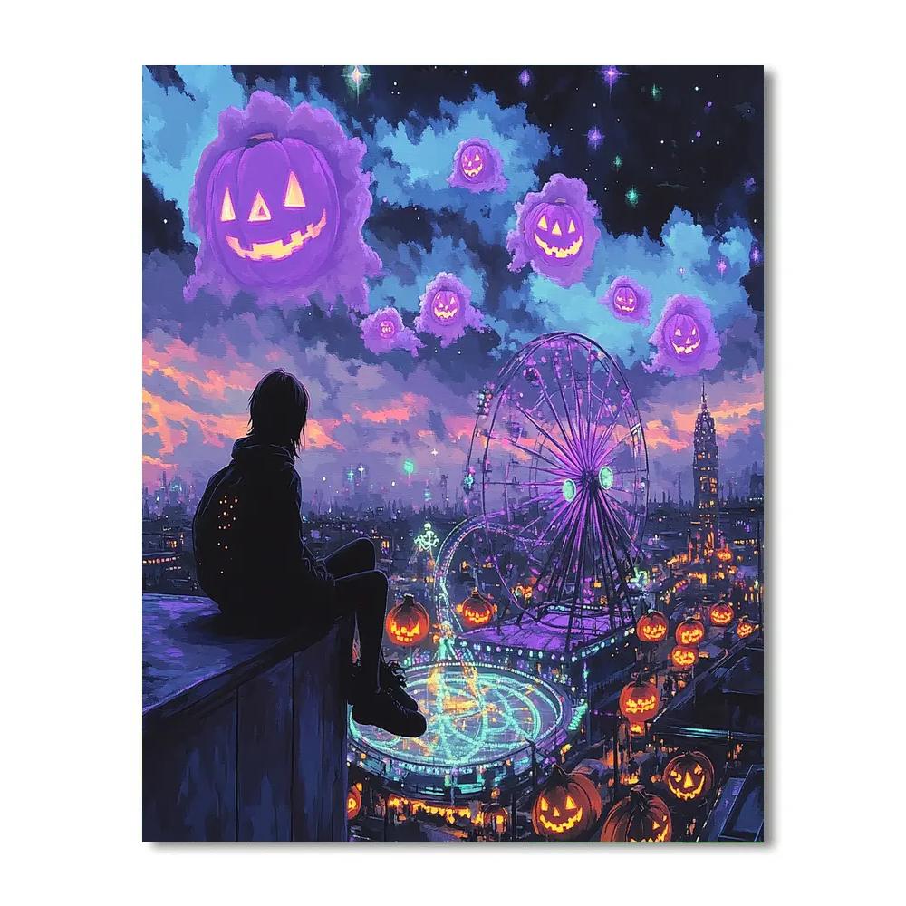 Neon Haunted Carnival Skyline painting number kit