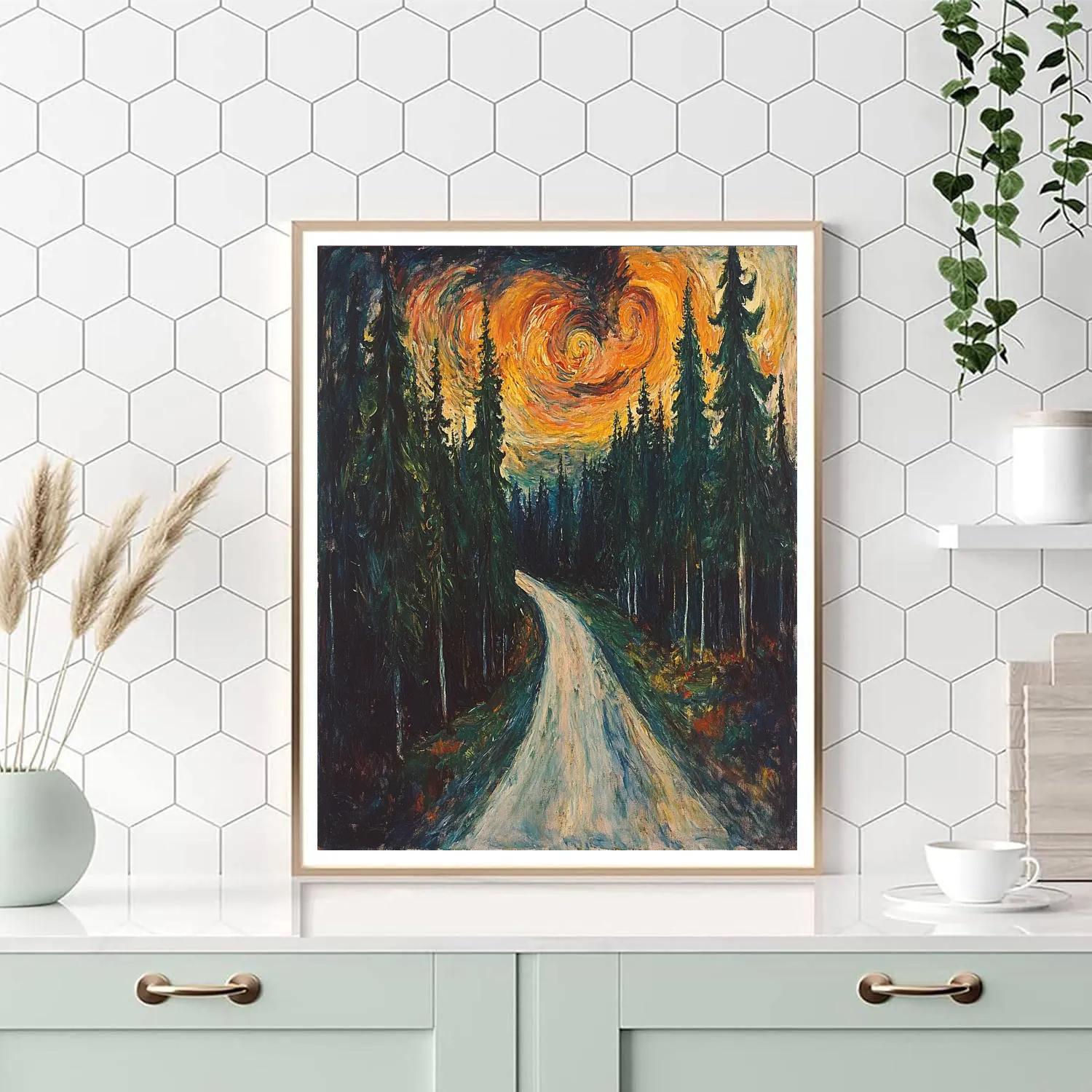 Munch Inspired Storm Over Lonely Forest Road paint by color