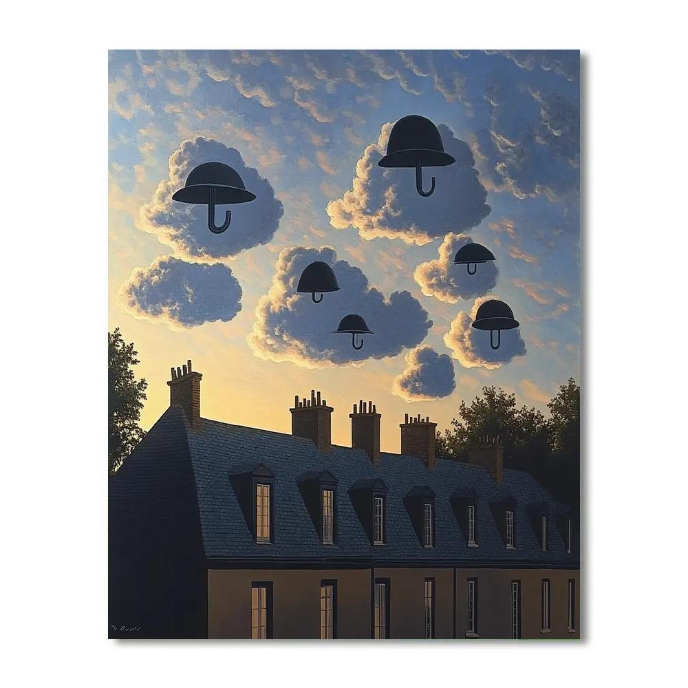Magritte Inspired Clouded City Rooftops Paint by numbers kits