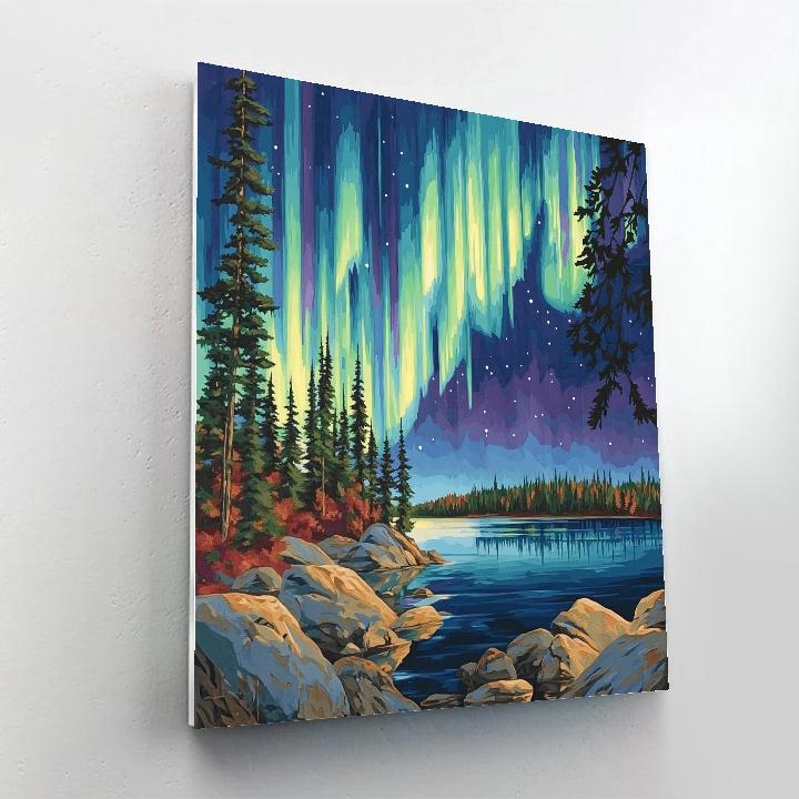 J. E. H. MacDonald Inspired Aurora Pines Over Northern Lake paint by number