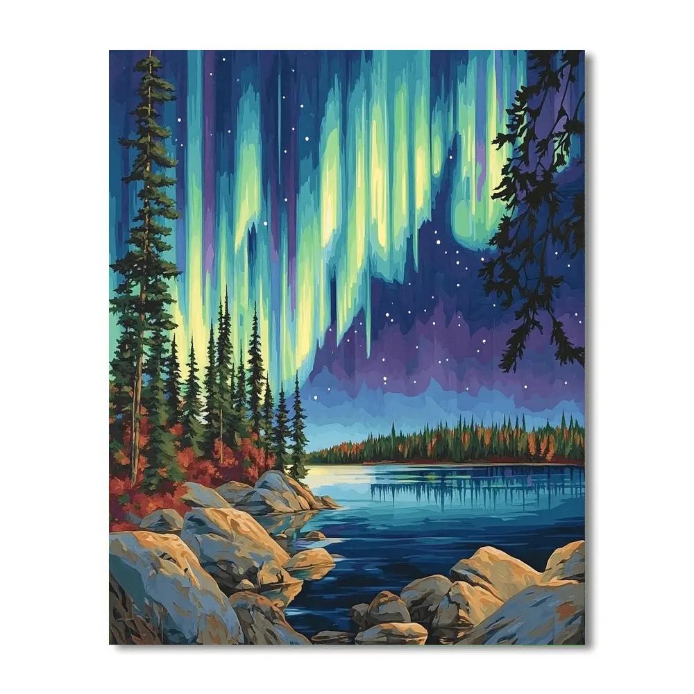 J. E. H. MacDonald Inspired Aurora Pines Over Northern Lake paint by number