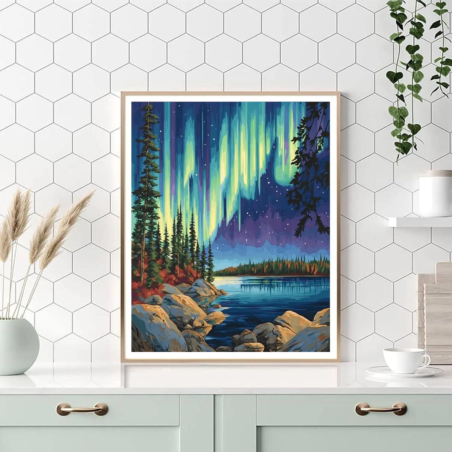 J. E. H. MacDonald Inspired Aurora Pines Over Northern Lake paint by number