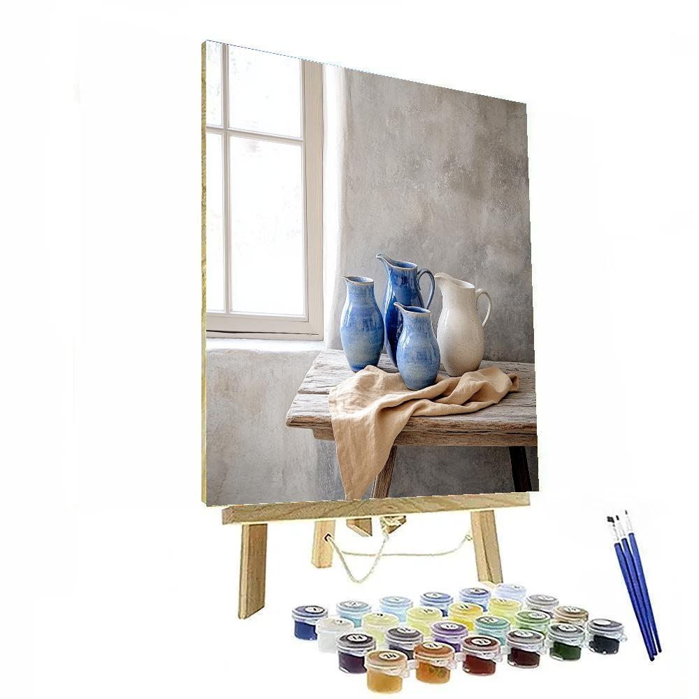 Johannes Vermeer Inspired Blue Earthenware Jugs In Quiet Corner paint by color