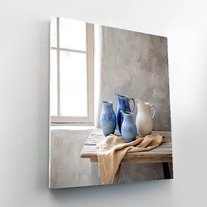 Johannes Vermeer Inspired Blue Earthenware Jugs In Quiet Corner paint by color