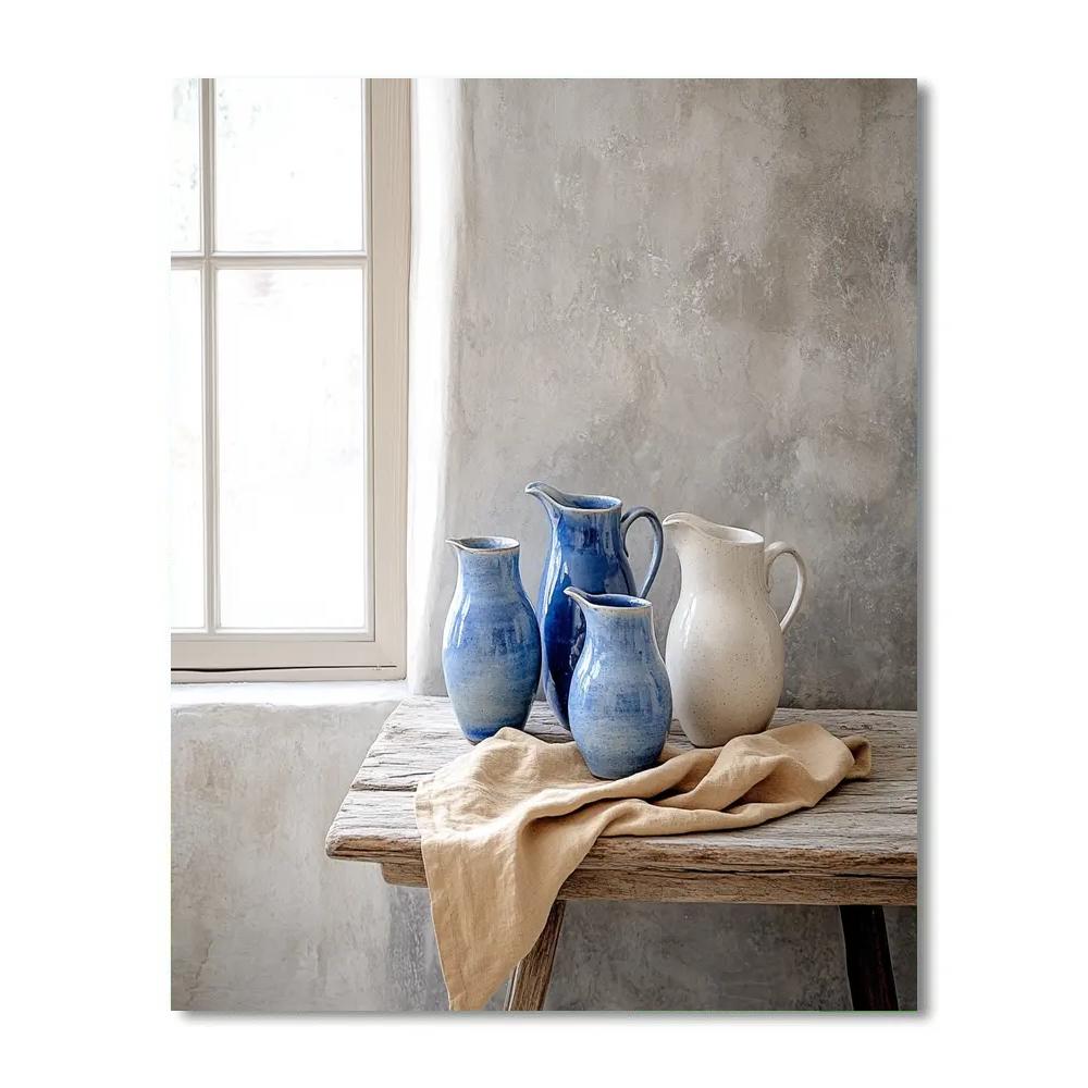 Johannes Vermeer Inspired Blue Earthenware Jugs In Quiet Corner paint by color