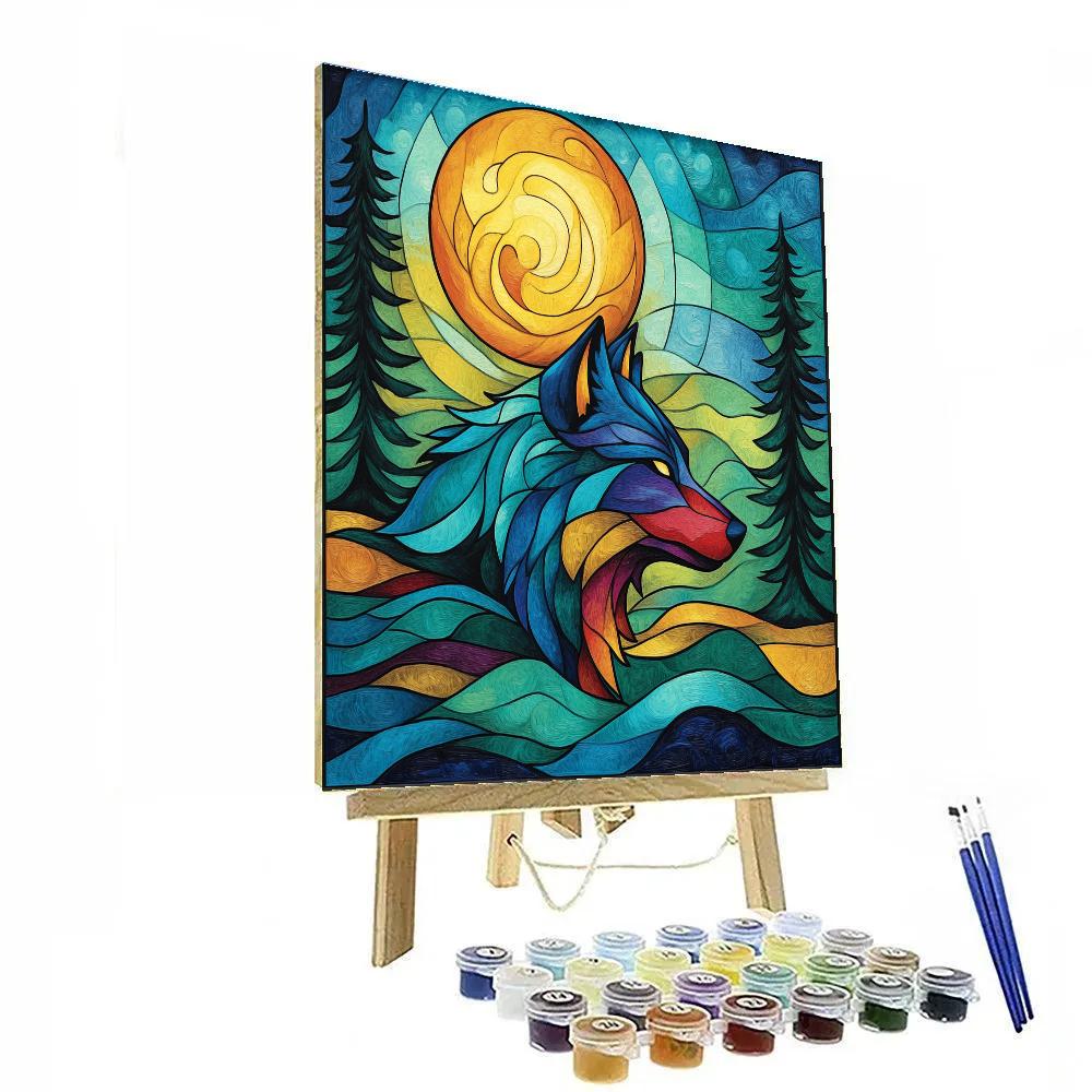 Norval Morrisseau Inspired Wolf Moon Over Forest Currents paint by numbers