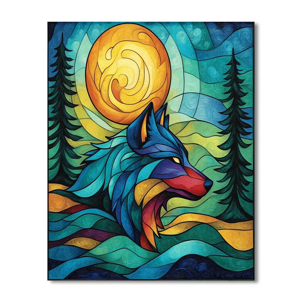 Norval Morrisseau Inspired Wolf Moon Over Forest Currents paint by numbers