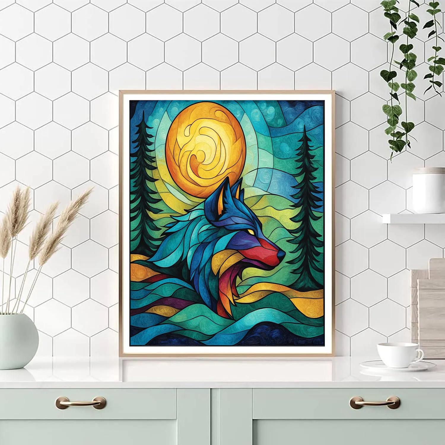 Norval Morrisseau Inspired Wolf Moon Over Forest Currents paint by numbers